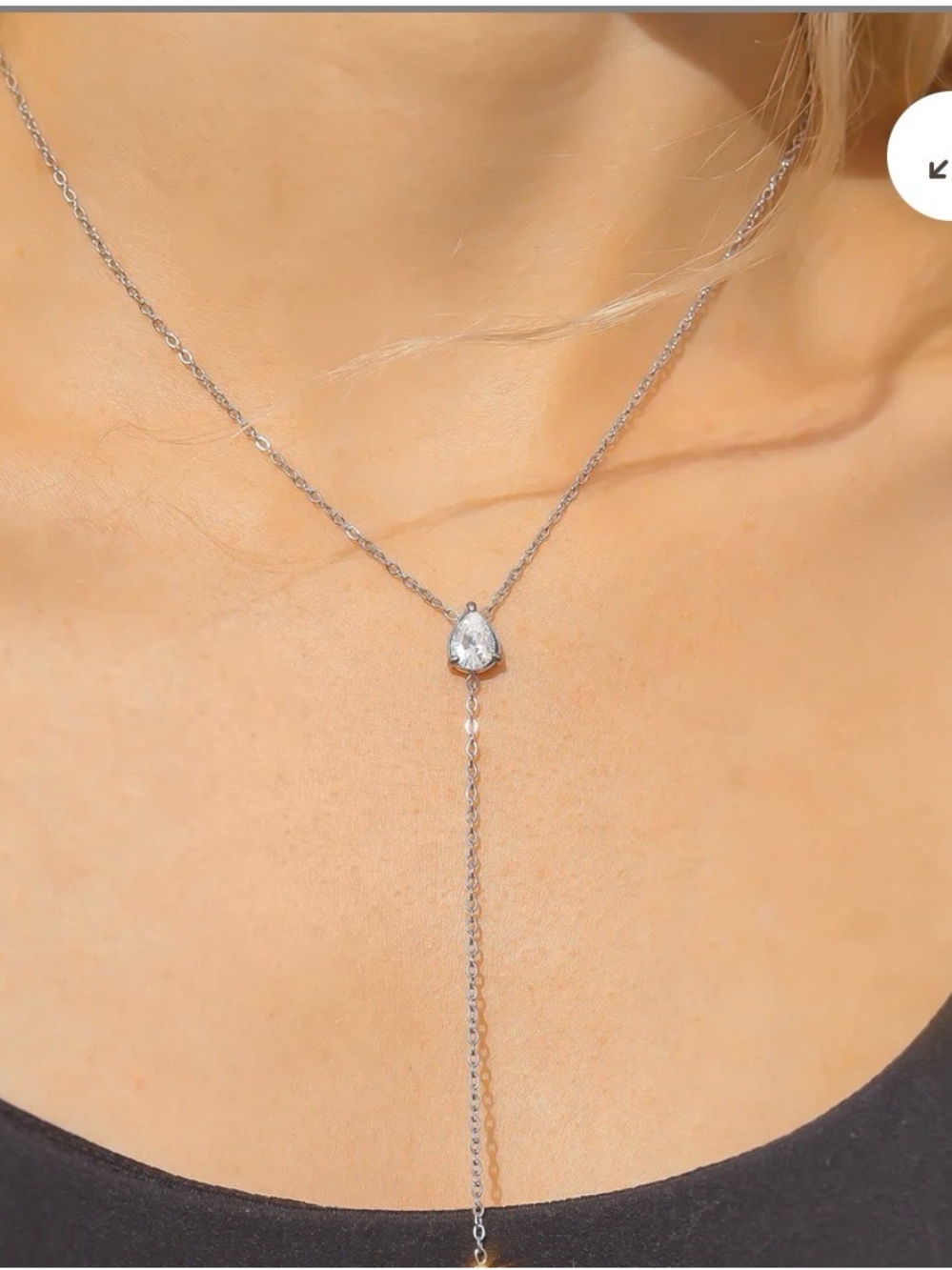18 K Gold PVD Stainless Steel Silver Teardrop Lariat CZ Necklace